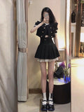 Black Gothic 2 Piece Dress Set Women Lace Elegant Crop Tops + Mini Skrits Summer Y2k Mini Dress Korean Fashion Suits Chic LANFUBEISI