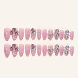 24Pcs Pink Glossy Medium Almond Fake Nails Press on Glitter Shining Heart with Rhinestone Pearl Deisgn False Nails Tips Stick LANFUBEISI