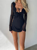 Black Bodycon Dress Spring Summer Sexy Mesh Long Sleeves Ruffles Deep V Tie-Up Short Dress Women Party Streetwear LANFUBEISI