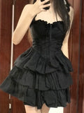 QWEEK Gothic Hrajuku Goth Lolita Kawaii Cute Black Ruffles Dress Soft Girl Y2k 2023 Fashion Cake Party Short Dresses LANFUBEISI