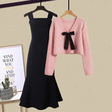 Spring and Autumn New Fashion Set Women's Korean Edition Slimming Knitted Cardigan Versatile Fishtail Skirt Two Piece Set LANFUBEISI