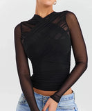 LANFUBEISI Spring Summer Women Sexy Daily Wear Cold Shoulder Sheer Mesh Lace Blouse Long SLeeve Black Shirt Casual