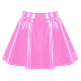 LANFUBEISI Flared Miniskirt For Women Glossy Patent Leather Skirt Dance Performance Mini Skirt Clubwear Cosplay Costume Retro Dress