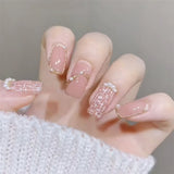 24Ps/Set Medium Long French Fake Nails Bow Japan Nude Pink with Pearls Artificial Acrylic Press on Nails Removable Stick on Nail LANFUBEISI