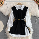 Korean Chic Y2k Lapel Lantern Sleeves White Shirt +V-neck Knitted Vest Two-piece Set Clothes Women New Autumn LANFUBEISI