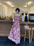 French Rose Print Lace Dress for Women Summer Autumn New Design Sense High Waist Wrapped Chic Strap Long Dresses Cheap Wholesale LANFUBEISI