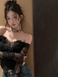 Deeptown Korean Style Off Shoulder T Shirts Women Aesthetic Butterfly Cropped Mesh Tops Sexy Coquette Y2k Kpop Long Sleeve Tees LANFUBEISI