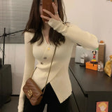 Women Autumn Winter New Irregular V-neck Sweater Trendy Sweet Waist Slim Fit Pullover Knit Shirt Solid Button Long Sleeved Tops LANFUBEISI