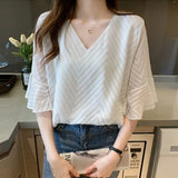 New Summer Short Sleeve Blouse Women V-Neck White Chiffon Women Blouse Shirt Tops Blouses Blusas Mujer De Moda 2024 Verano