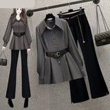 LANFUBEISI Korean Fashion Elegant Women's Pants Suit Casual Chiffon Shirt Personalized Waist Chain Trousers Two-piece Set Female Blazer