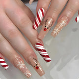 Christmas Nails Press on Snowflake Red Designs Almond Fake Nails Long Coffin Detachable False Nail for Women New Year Party LANFUBEISI