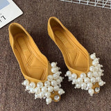 LANFUBEISI Elegant Ladies Pointed Flat Shoes 2024 Spring Shallow Water Drill Pearl Buckle Soft Bottom Plus Size Comfortable Women's Shoes