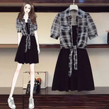 Women's Summer Tops Mini Dress outfits New Korean Fashionable Slim Black Suspender Dress Plaid Sunscreen Shirt Two Piece Set LANFUBEISI