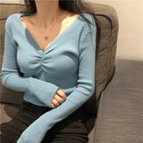 Zoki Sexy V Neck Women Sweater Autumn Knitted Pullover Jumper Chic Soft Korean Slim Long Sleeve Female Basic Top New LANFUBEISI