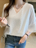 LANFUBEISI New Summer Short Sleeve Blouse Women V-Neck White Chiffon Women Blouse Shirt Tops Blouses Blusas Mujer De Moda 2024 Verano