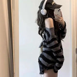 Streetwear Striped Knitted Sweater Women Gothic Harajuku Hollow Out Pullover Korean Hole All Match Loose Fashion Female Tops Ins LANFUBEISI