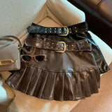 Women Coffee Leather Skirt Harajuku Y2k Vintage Pleated Skirt 90s Aesthetic Korean A-Line Mini Skirt Emo 2000s Punk Clothes 2024 LANFUBEISI