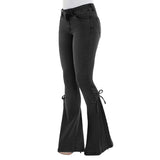 运费11 Mid Waisted Stretch Flare Jeans Women Denim Pants Wide Leg Butt-lifted Casual Korean Style Skinny Bell Bottom Pocket Trousers LANFUBEISI