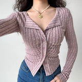 Y2k Knitted Cardigan Women  Collar Sweater Coat Vintage Long Sleeve Single Breasted Top Autumn Fashion Girls Knitwear Jumper LANFUBEISI