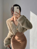 LANFUBEISI Valery Solid Color Fluffy Faux Fur Button Up Long Sleeve Sweater