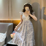 Floral Print Sleepwear Womens with Pad Nightgown Korean Vintage Ruffles Night Dress One Piece Pajama Summer V-neck Home Wear New LANFUBEISI