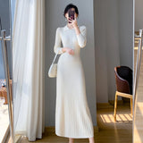 New 2024 Autumn Winter Sweater Dress Women Purple White Or Black Buttons High Waist A Line Elegant Knitted Dresses Female LANFUBEISI