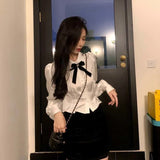 LANFUBEISI White Shirts Woman Kawaii Lace Lolita Blouses Sweet Tunics Fairycore Peter Pan Coller Crop Long Sleeve Tops Preppy Korean