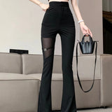 Hotsweet Flare Pants Women Summer Thin Sexy Mesh Spliced Black Slim High Waist Solid Hollow Out Pants LANFUBEISI