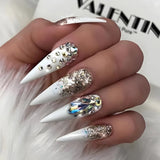 24Pcs Almond False Nails with Rhinestone Long Stiletto Fake Nails Gold Glitter Powder Design Press on Nails Full Cover Nail Tips LANFUBEISI