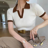 Vintage Knitted T-shirt Women's Polo Shirts Y2k Tops Short Sleeves Slim Korean Fashion Plus Size Luxury Designer Wear LANFUBEISI