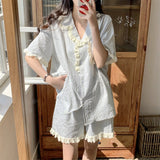 LANFUBEISI Summer Casual Plaid Pajamas Women Sweet Lace Short Sleeve Shorts Loungewear Women 2024 New ins Korean Style