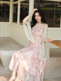 Casual Fairy Floral Strap Dress Women Chiffon Elegant Evening Party Midi Dress Ruffle Sweet Korean Dress Women Sweet Summer 2023 LANFUBEISI
