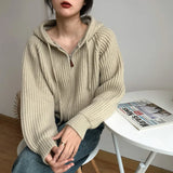 Women Long Sleeve Sweater Korean Style Casual Outerwear Woman Fashion Chic Zip Up Cardigan Knit Top Female Hooded Jumper LANFUBEISI