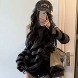 Streetwear Striped Knitted Sweater Women Gothic Harajuku Hollow Out Pullover Korean Hole All Match Loose Fashion Female Tops Ins LANFUBEISI