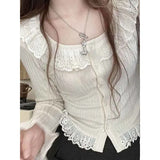 LANFUBEISI Kawail Knitted Cardigan Lace Basic Sweater Korean Fashion Women Aesthetic Knitwear Tshirt Spring Japanese Fashion Sweet