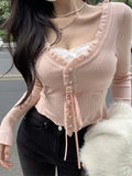 LANFUBEISI Sweet Ruffles Knitted Sweater Women Korean Fashion Hotsweet Skinny Cardigan Female Lace Patchwork Drawstring Fake Two Pieces Top