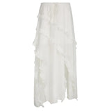 LANFUBEISI Y2K White Trim Midi Skirts Women Split Low Waisted Tie Up Long Skirts Women Fairycore Summer French Skirts Holiday Beach LANFUBEISI