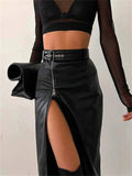 Black PU Leather High Waist Pencil Skirts Vintage Grunge Women Streetwear Zipper High Split Bodycon Midi Skirt with Belt LANFUBEISI