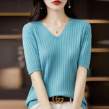 Women Sweater Short Sleeve V-neck Stripe Knitwears Slim Fit Shirt Korean Fashion Pullovers Thin Knit Tops Bottoming Shirts LANFUBEISI