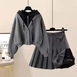 Plush Thickened Casual Long Sleeved Hooded Mini Pleated Skirt Two-piece Set Fashionable Women's Skirt Set LANFUBEISI