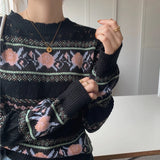 Vintage Print Women Clothes Sweater Hollow Out Long Sleeve Knitted Top 2023 Autumn Sweaters Jumpers Pullover Stripe Jersey Mujer LANFUBEISI