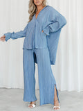 Women Two-piece Pleated Pants Suits Casual Chic Solid Color Long Sleeve Button down Shirts and Straight Leg Trousers Set LANFUBEISI