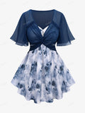 Plus Size New Women's T-Shirts Blue Flower Print Lace Trim Ruched Camis Top And Ruffles Twist Blouse Set LANFUBEISI