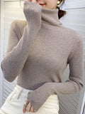 ZOKI New 2023 Women Pullover Turtleneck Sweater Autumn Long Sleeve Slim Elastic Korean Simple Basic Cheap Jumper Solid Color Top LANFUBEISI