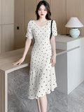 Luxury Elegant White Polka Dot Satin Long Dress for Women Summer Short Sleeve Square Collar Robe 2024 Chic Bodycon Ruffled Dress LANFUBEISI