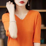 Women Sweater Short Sleeve V-neck Stripe Knitwears Slim Fit Shirt Korean Fashion Pullovers Thin Knit Tops Bottoming Shirts LANFUBEISI