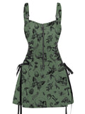 Womens Sexy Mini Dresses Skull Animal Plant Print Buckle Strap Dress Lace Up Half Zipper Mini Dress Green Dress Sundress LANFUBEISI