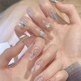 24Ps/Set Medium Long French Fake Nails Bow Japan Nude Pink with Pearls Artificial Acrylic Press on Nails Removable Stick on Nail LANFUBEISI