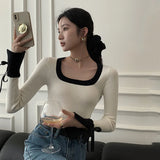 LANFUBEISI Autumn Square Neck Women Pullover Cuff Bowknot Sweet Sweater Woman Winter Elegant Long Sleeve Knitted Tops Ladies Knitwears