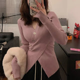 Women Autumn Winter New Irregular V-neck Sweater Trendy Sweet Waist Slim Fit Pullover Knit Shirt Solid Button Long Sleeved Tops LANFUBEISI